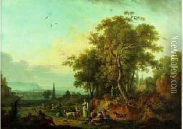 Paysans Et Leur Troupeau Se Reposant Dans Un Vaste Paysage Lacustre Oil Painting - Jean-Baptiste Claudot De Nancy