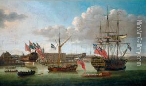 Deptford Dockyard, Showing The Launch Of The Medway Oil Painting - John the Younger Cleveley