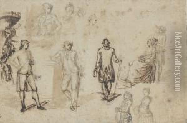 Une Feuille D'etudes D'hommes Et De Femmes Lavis Brun Oil Painting - Charles-Nicolas I Cochin
