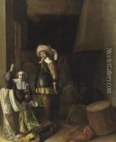 A Soldier In A Guardroom, With A Girl Holding Up A Pearl Necklace Oil Painting - Pieter Codde