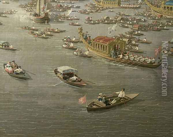 The River Thames with St. Paul's Cathedral on Lord Mayor's Day, detail of rowing boats, c.1747-48 Oil Painting - (Giovanni Antonio Canal) Canaletto