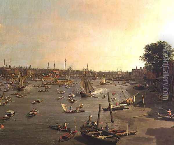 The River Thames with St. Paul's Cathedral on Lord Mayor's Day, detail of boats on the shore, c.1747-48 Oil Painting - (Giovanni Antonio Canal) Canaletto