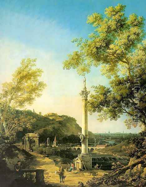 Capriccio- River Landscape with a Column, a Ruined Roman Arch and Reminiscences of England 1754 Oil Painting - (Giovanni Antonio Canal) Canaletto