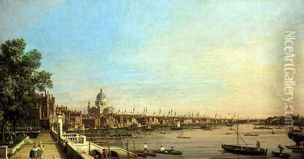 The Thames from the Terrace of Somerset House Looking Towards St. Paul's, c.1750 Oil Painting - (Giovanni Antonio Canal) Canaletto