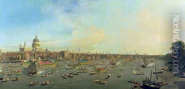 The River Thames with St. Paul's Cathedral on Lord Mayor's Day, c.1747-48 Oil Painting - (Giovanni Antonio Canal) Canaletto