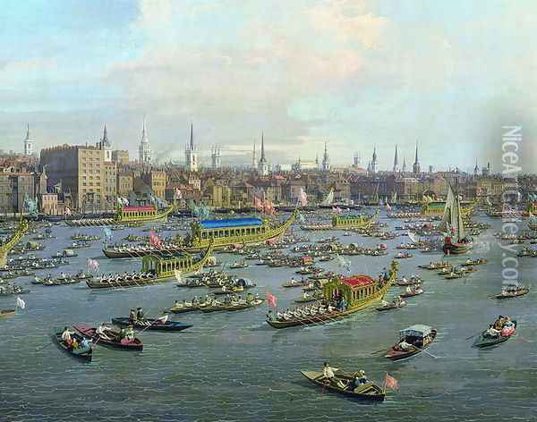 The River Thames with St. Paul's Cathedral on Lord Mayor's Day, detail of the boats, c.1747-48 Oil Painting - (Giovanni Antonio Canal) Canaletto