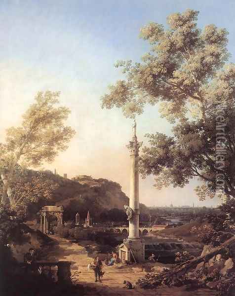 Capriccio River Landscape with a Column Oil Painting - (Giovanni Antonio Canal) Canaletto