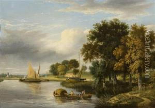 Taking In The Eel Traps On A Norfolk River Oil Painting - Samuel David Colkett