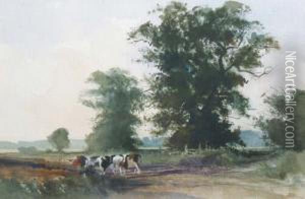 Crockett : Cattle On A Path Near Barford, Signed With Monogram, Watercolour, 28 X 42cm Oil Painting - Samuel David Colkett