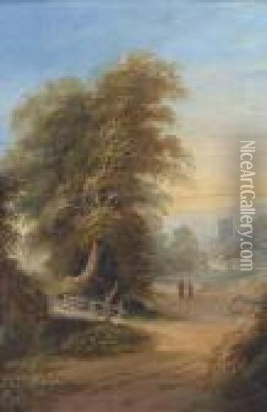 Figures On A Wooded Track With A Church Tower Beyond Oil Painting - Samuel David Colkett