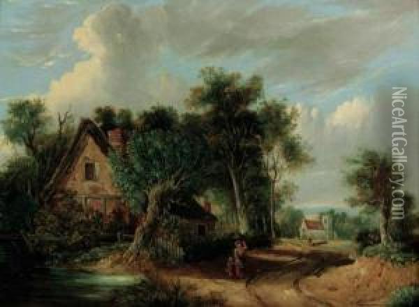 A Wooded River Landscape With Figures Before A Cottage Oil Painting - Samuel David Colkett