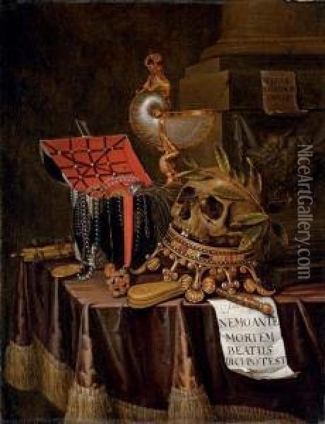 A Vanitas Still-life With A 
Chest Of Jewels, A Nautilus Cup, An Upturned Crown And A Skull Resting 
On The Top With A Note \'nemoante Mortem Beatus Dici.potest\', And Other
 Objects On A Draped Table Oil Painting - Edwart Collier