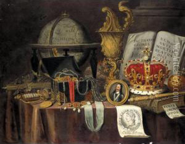 A Vanitas Still Life Of Court 
Jewels In A Casket, A Globe, Sword And A Miniature Portrait Of Charles 
I, Arranged Upon A Cloth-covered Table Oil Painting - Edwart Collier