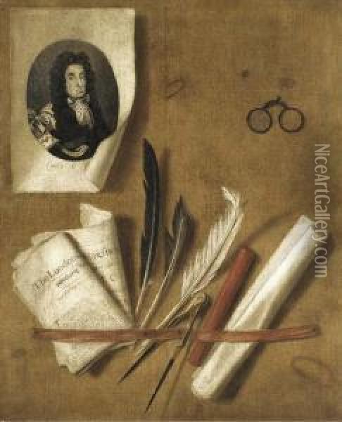 A Trompe L'oeil Still Life Of An Engraving Of King Charles Ii Oil Painting - Edwart Collier