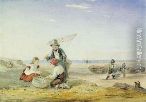 Fisherboys And A Young Shrimper On The Coast At Low Tide Oil Painting - William Collins