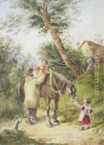 Horse With Man And Children Oil Painting - William Collins