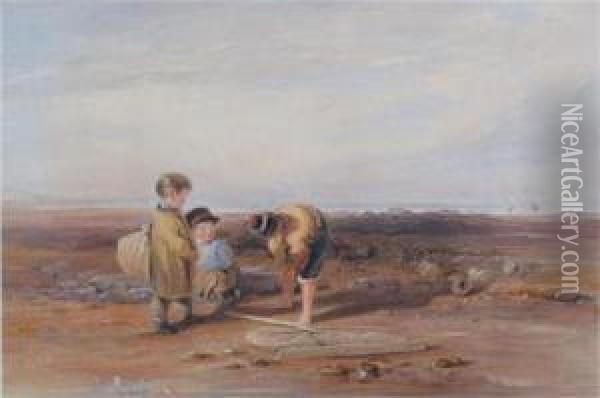 Children Shrimping On The Beach Oil Painting - William Collins