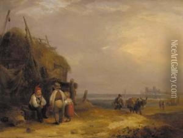 Figures Conversing By A Fisherman's Hut Oil Painting - William Collins