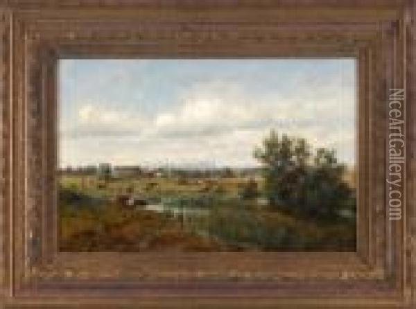 Kuhe Auf Der Weide Vor Einem 
Dorf Im Sommerlichen Dachauer Moos Mit Der Zugspitze Im Hintergrund Oil Painting - Ludwig Correggio
