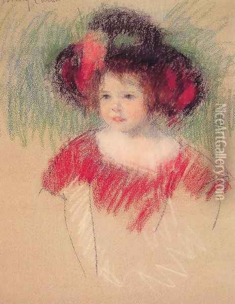 Margot In Big Bonnett And Red Dress Oil Painting - Mary Cassatt