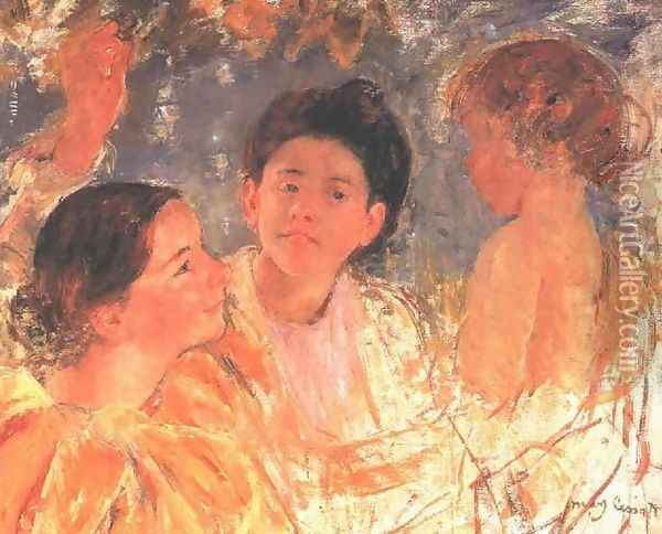 Two Young Girls With A Child Oil Painting - Mary Cassatt