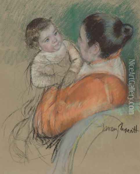 Mother Louise Holding up her Blue-Eyed Child Oil Painting - Mary Cassatt