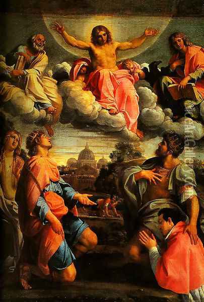 Christ in Glory and SS Peter John the Ecangelist Mary Magdalen and Ermengild Martyr with Odardo Farnese Oil Painting - Annibale Carracci