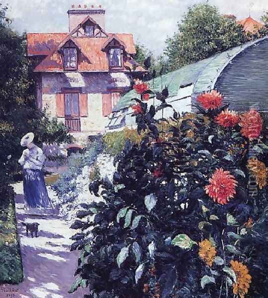 Dahlias The Garden At Petit Gennevilliers Oil Painting - Gustave Caillebotte
