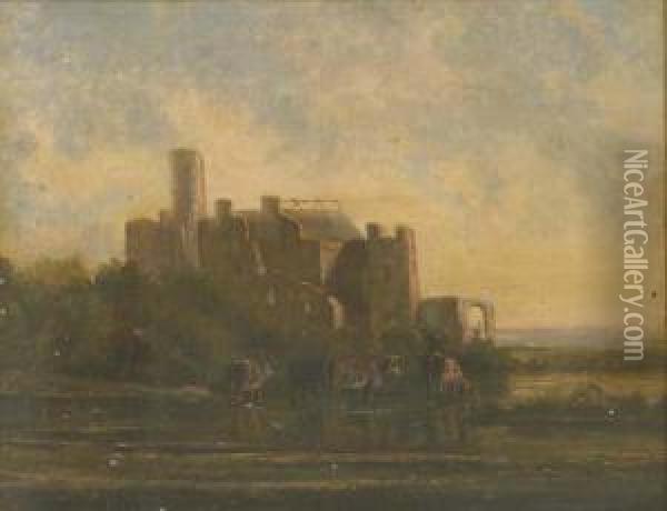 Cattle Watering Before A Castle Ruin Oil Painting - Francis Danby