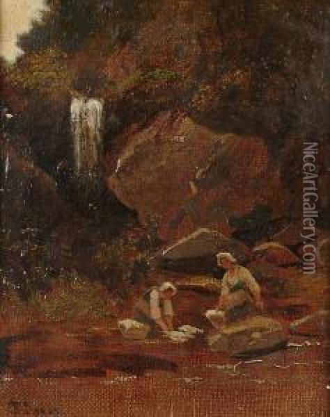 Figures Washing Closthes In A Stream Oil Painting - Francis Danby
