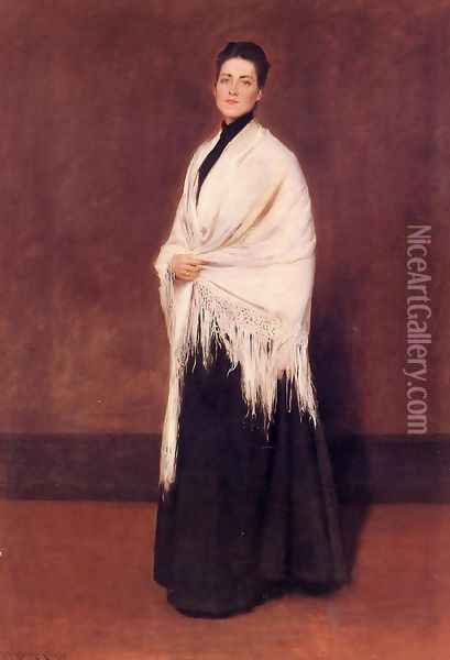 Lady with a White Shawl Oil Painting - William Merritt Chase