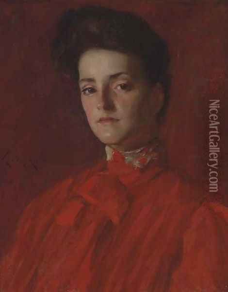 A Lady in Red Oil Painting - William Merritt Chase