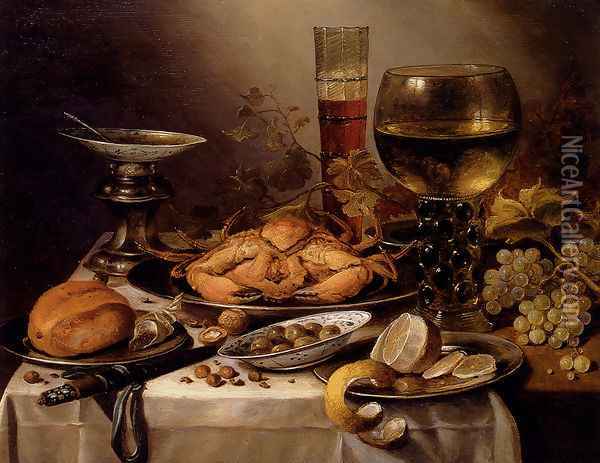 Banquet Still Life With A Crab On A Silver Platter, A Bunch Of Grapes, A Bowl Of Olives, And A Peeled Lemon All Resting On A Draped Table Oil Painting - Pieter Claesz.