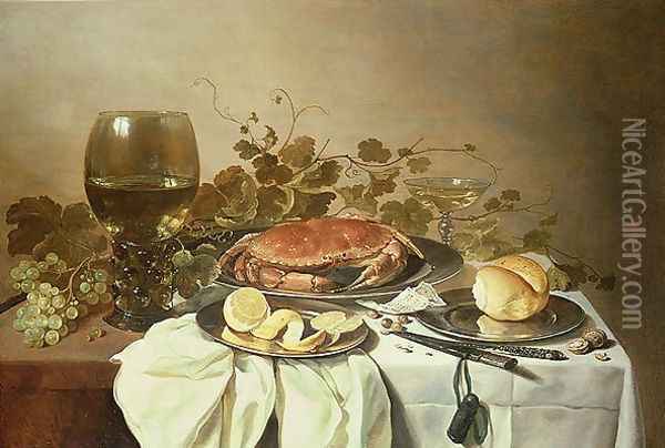 Breakfast still life with roemer and a crab Oil Painting - Pieter Claesz.