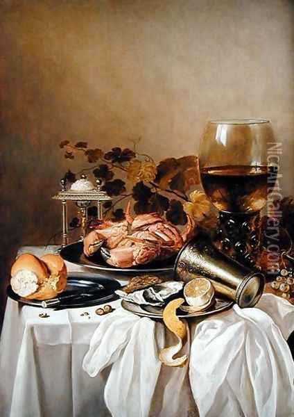 Still life with a crab and oyster, 1640s Oil Painting - Pieter Claesz.