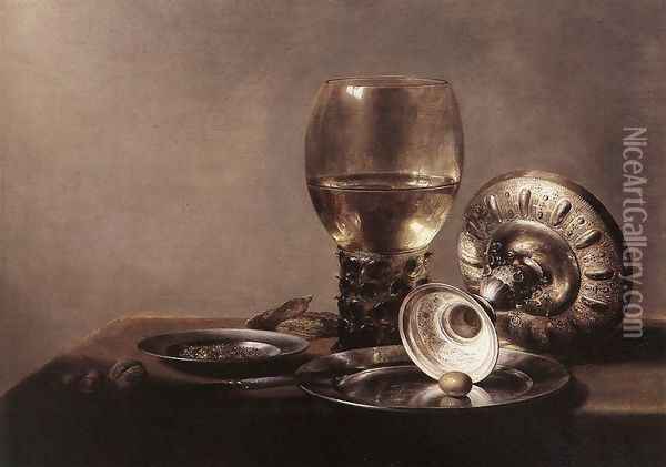 Still Life with Wine Glass and Silver Bowl Oil Painting - Pieter Claesz.