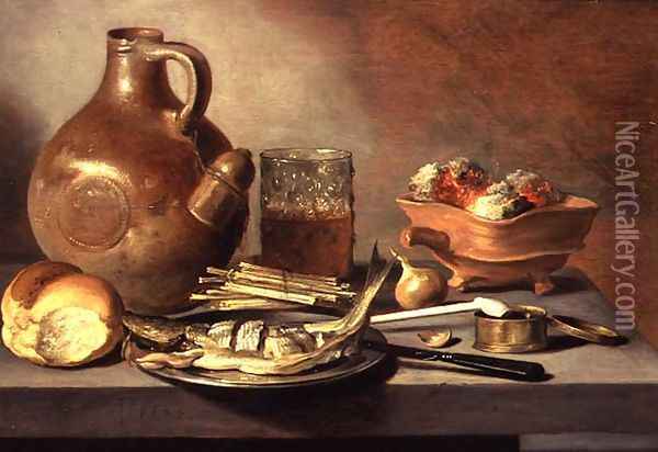 Still Life with Jug, Herring and Smoking Requisites, 1644 Oil Painting - Pieter Claesz.