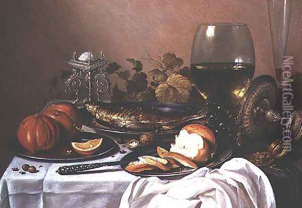 Still life with mackerel, pumpkin and bread Oil Painting - Pieter Claesz.