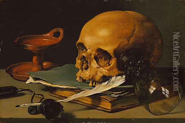 Still Life with a Skull and a Writing Quill 1628 Oil Painting - Pieter Claesz.