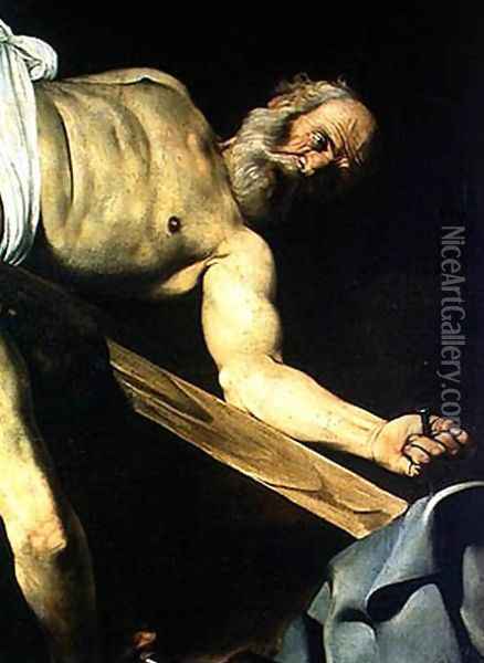 The Crucifixion of St. Peter, detail of St. Peter, 1600-01 Oil Painting - Caravaggio