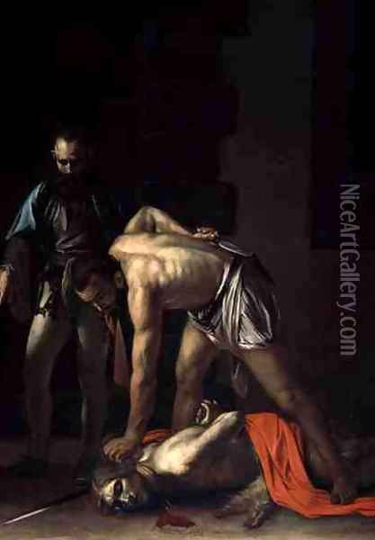 The Decapitation of St. John the Baptist, 1608 (detail-2) Oil Painting - Caravaggio