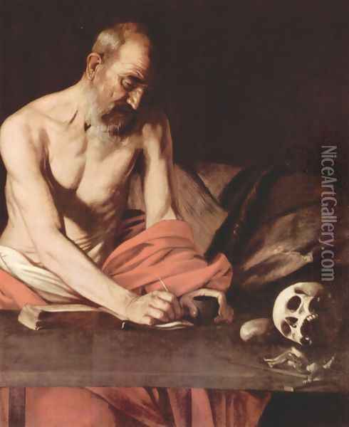 St Jerome 1607 (detail) Oil Painting - Caravaggio