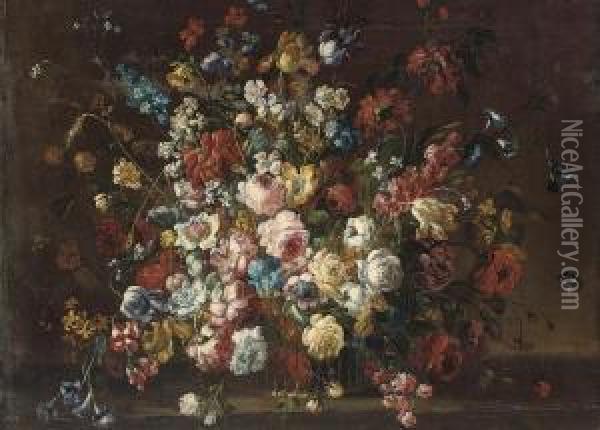 Still Life Tulips, Roses, Camelias, Anenomes. Oil Painting - Juan De Arellano
