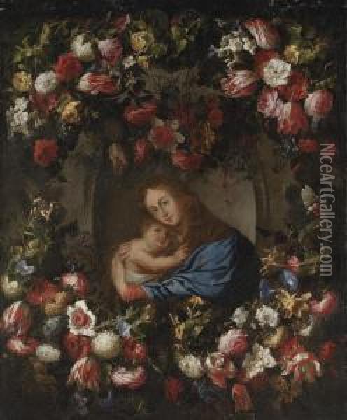 A Garland Of Roses, Tulips And 
Other Flowers Surrounding Amedallion Of The Virgin And Child Oil Painting - Juan De Arellano