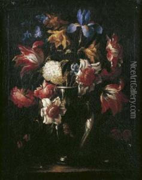 Nature Morte Au Bouquet De Tulipes, Jonquilles Et Pivoines
 Dans Un Vase En Verre Sur Un Entablement Oil Painting - Juan De Arellano