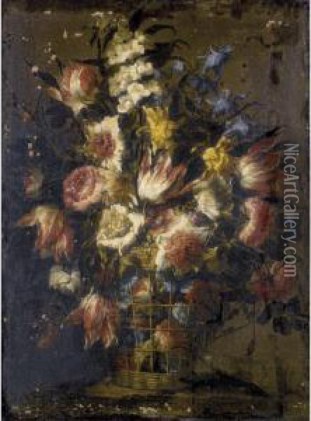 Still Life Of Flowers In A Wicker Basket Oil Painting - Juan De Arellano