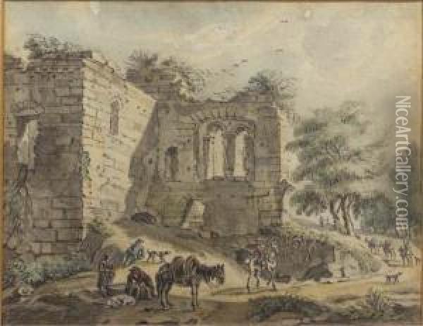 Travellers And Peasants With A 
Packhorse On A Road By A Ruined Villa; And A Horseman And Peasants By A 
Vaulted Ruin Oil Painting - Jan De Beyer