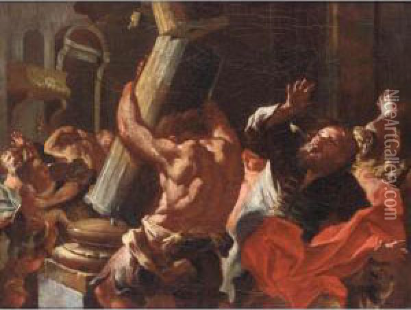 Samson Destroying The House Of Philistines Oil Painting - Lorenzo De Caro