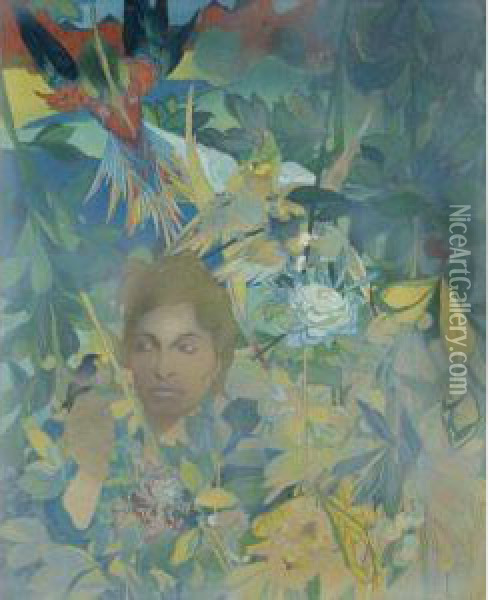 Visage De Femme Sur Fond De Vegetation Luxuriante Et D'oiseaux Fantastiques Oil Painting - Georges de Feure