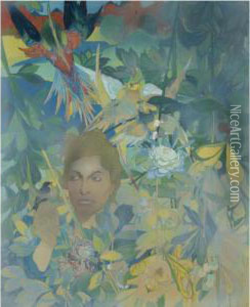 Visage De Femme Sur Fond De Vegetation Luxuriante Et D'oiseauxfantastiques Oil Painting - Georges de Feure
